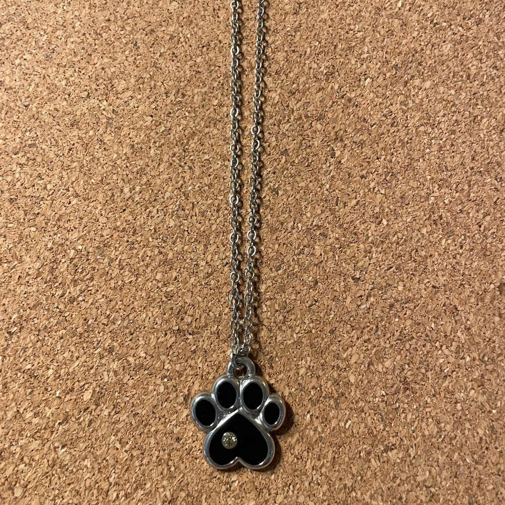 Black and Silver Paw Print Necklace with topaz gem
